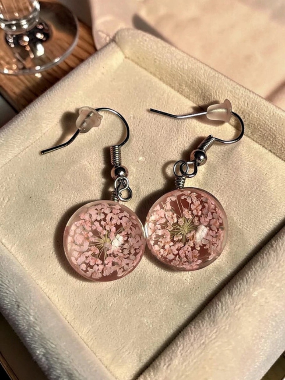 Fashion Jewelry Real Pressed Pink Flower Round Drop Earrings (New)